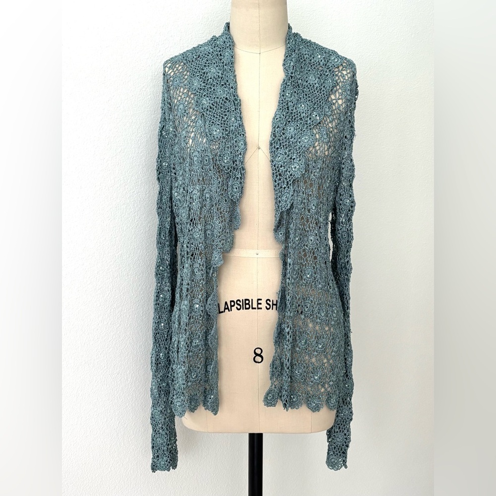 Sutton Studio Crocheted Cardigan NWT Silky Aqua Sequins Open-Front Scalloped 14